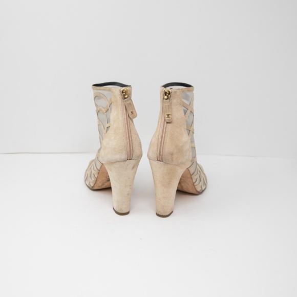Chanel Genuine Suede Leather Mesh Sheer Cage Woven Peep Toe Ankle Booties Shoes - Picture 3 of 6